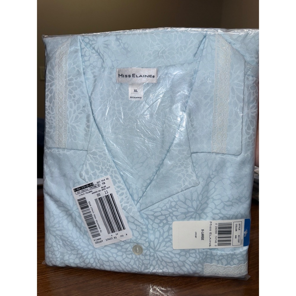 Miss Elaine Pajama Set Womens XL Light Blue Floral Jacquard Lace Trim 2pc 401122